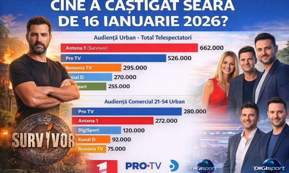ANALIZA AUDIENTE TV pemtru ziua de 17 ianuarie 2026. SURVIVIOR ANTENA 1 comparativ cu programele PRO TV KANAL D si altii cifre exacte si grafice 2