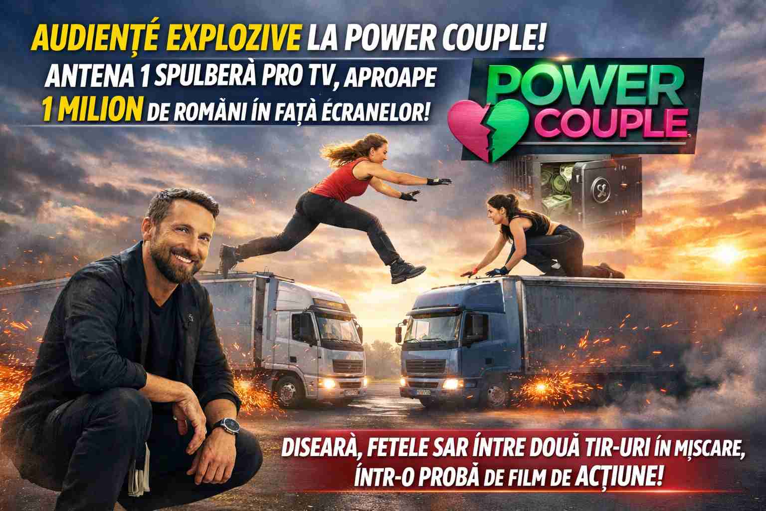 AUDIENȚE EXPLOZIVE LA POWER COUPLE! Antena 1 spulberă PRO TV, aproape 1 milion de români în fața ecranelor, iar diseară fetele sar între două TIR-uri în mișcare, într-o probă de film de acțiune 61 AUDIENTE EXPLOZIVE LA POWER COUPLE Antena 1 spulbera PRO TV aproape 1 milion de romani in fata ecranelor iar diseara fetele sar intre doua TIR uri in miscare intr o proba de film de actiune