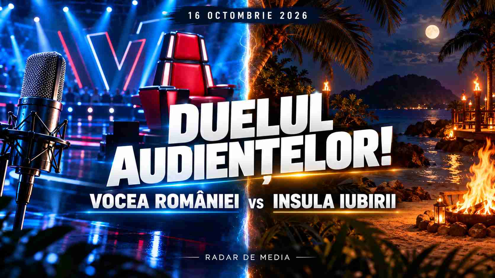 ANALIZA AUDIENTA TV, prime-time, din data de 16 octombrie 2026. VOCEA ROMÂNIEI VS INSULA IUBIRII, în comparație cu programele KANAL D, PRIMA TV și TVR 1 + TOP 10 POSTURI TV (grafice de audienta detaliate) 60 Duelul audientelor 100KB